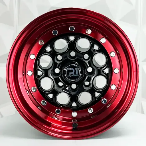 [136548F] RIN 13X8 4-100/114.3 R1 SPORT 767 BLACK MACHINE LIP+RED CHROME RIVETS ET-10 CB73